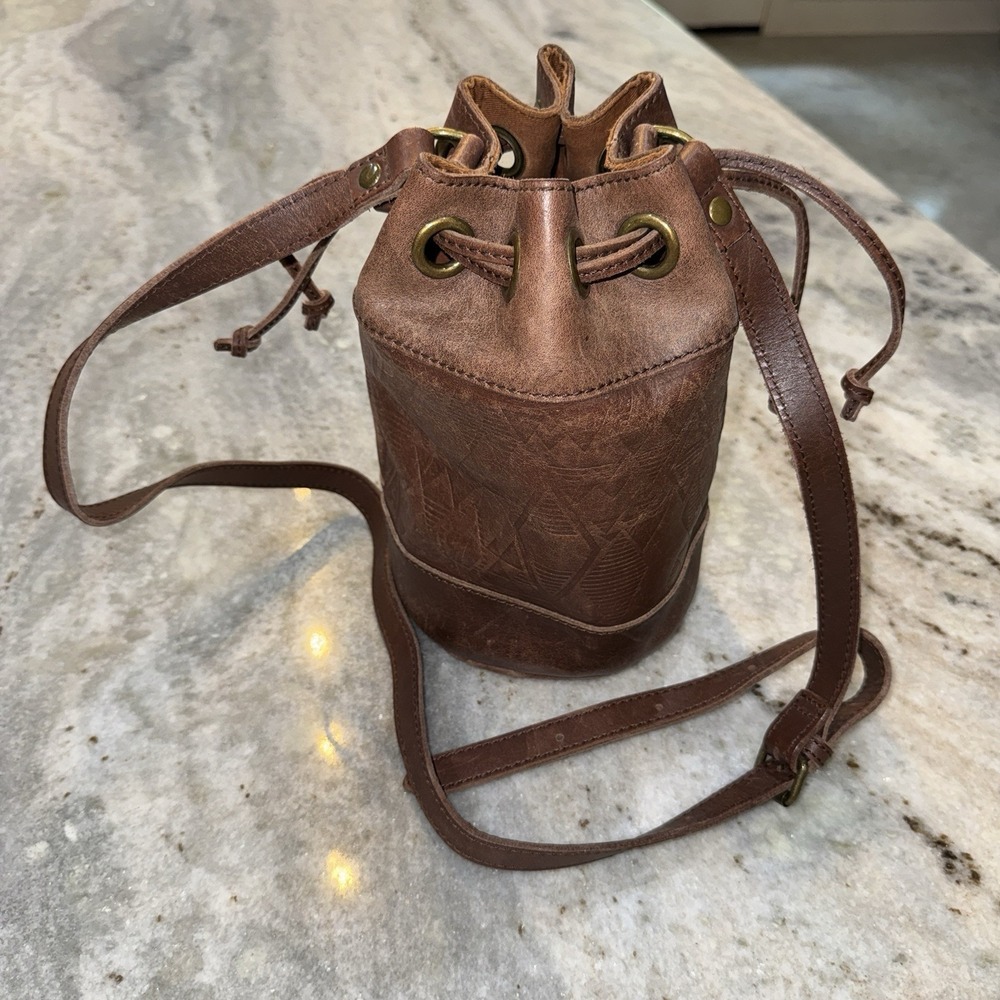 Pendleton Bucket Bag Shoulder Purse Brown Leather Round Drawstring Aztec Western
